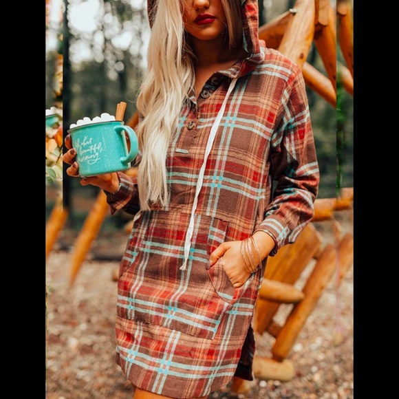 Hooded Flannel Button Design Kangaroo Pocket Loose Long Sleeve Shirt Dress - Picture 2 of 12